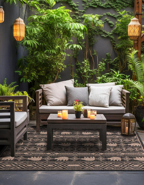 Black 12' x 12' Outdoor Southwestern Square Area Rug Weather Resistant for Patio, Deck, Terrace, Balcony, Porch 100% Polypropylene Rustic Waterproof Carpet for Sale at Rug Engine