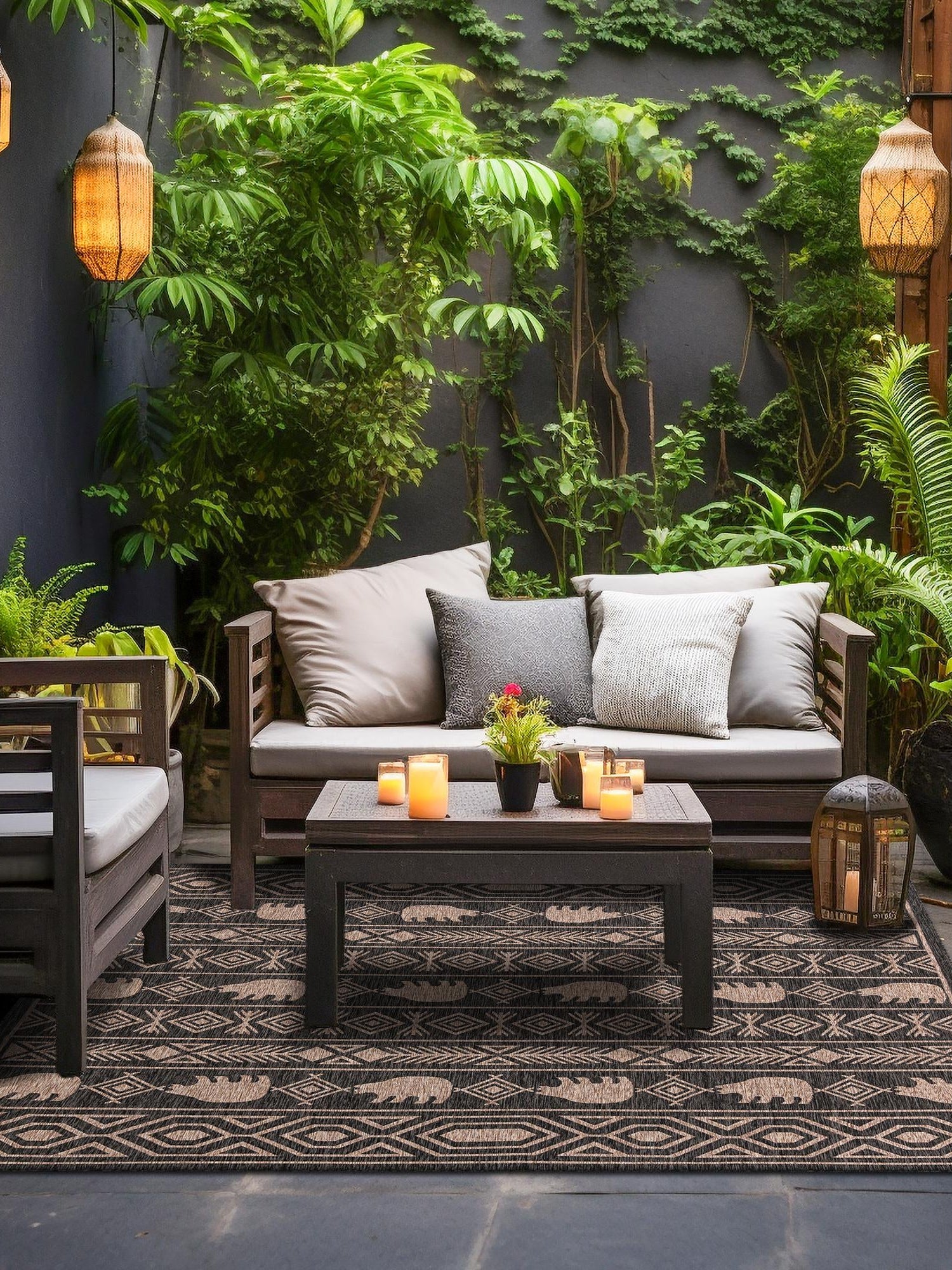 Black 10' x 10' Outdoor Southwestern Square Area Rug Weather Resistant for Patio, Deck, Terrace, Balcony, Porch 100% Polypropylene Rustic Waterproof Carpet for Sale at Rug Engine