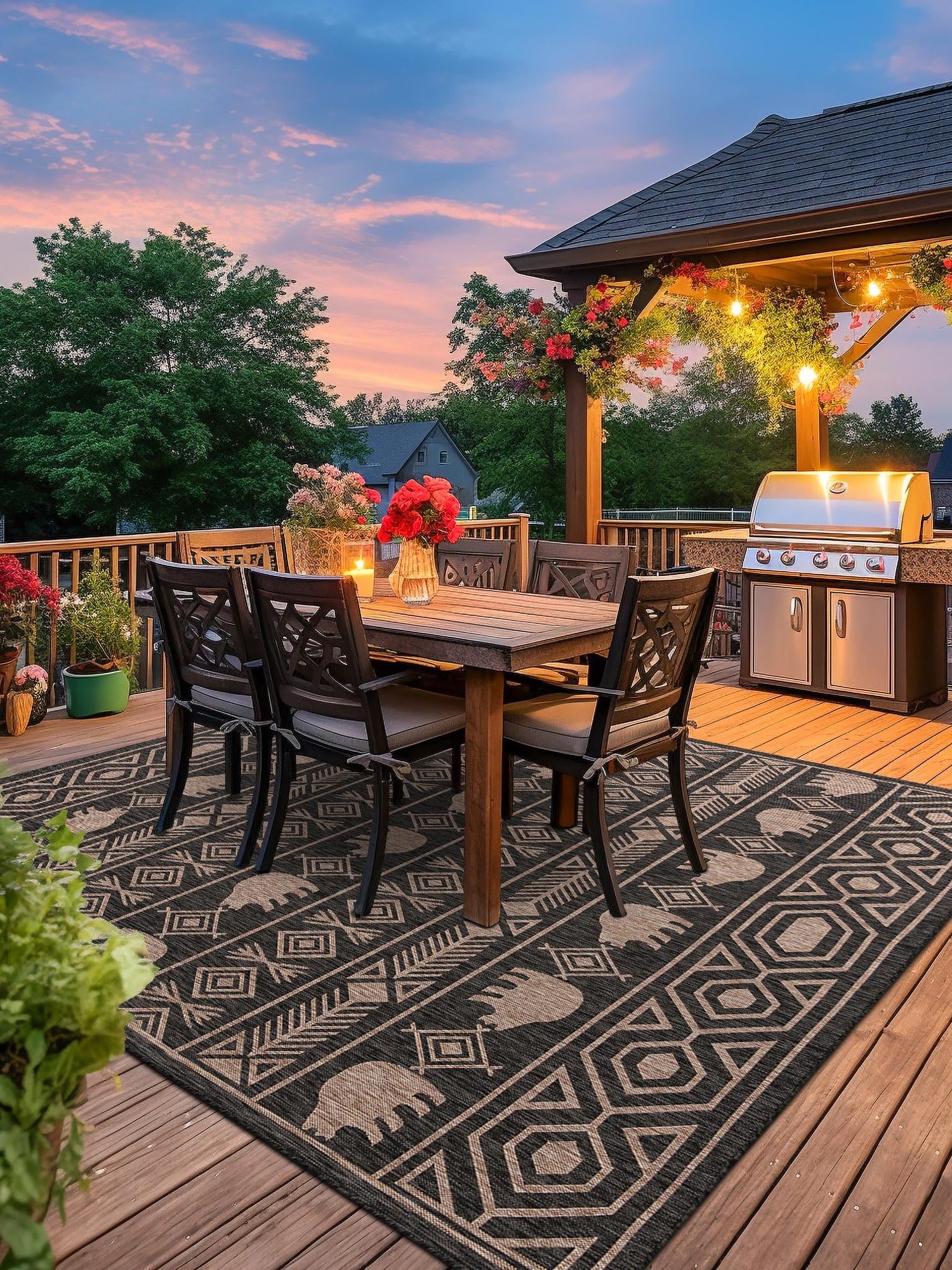 Black 7' 10 x 7' 10 Outdoor Southwestern Square Area Rug Weather Resistant for Patio, Deck, Terrace, Balcony, Porch 100% Polypropylene Rustic Waterproof Carpet for Sale at Rug Engine