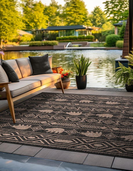 Black 12' x 12' Outdoor Southwestern Square Area Rug Weather Resistant for Patio, Deck, Terrace, Balcony, Porch 100% Polypropylene Rustic Waterproof Carpet for Sale at Rug Engine