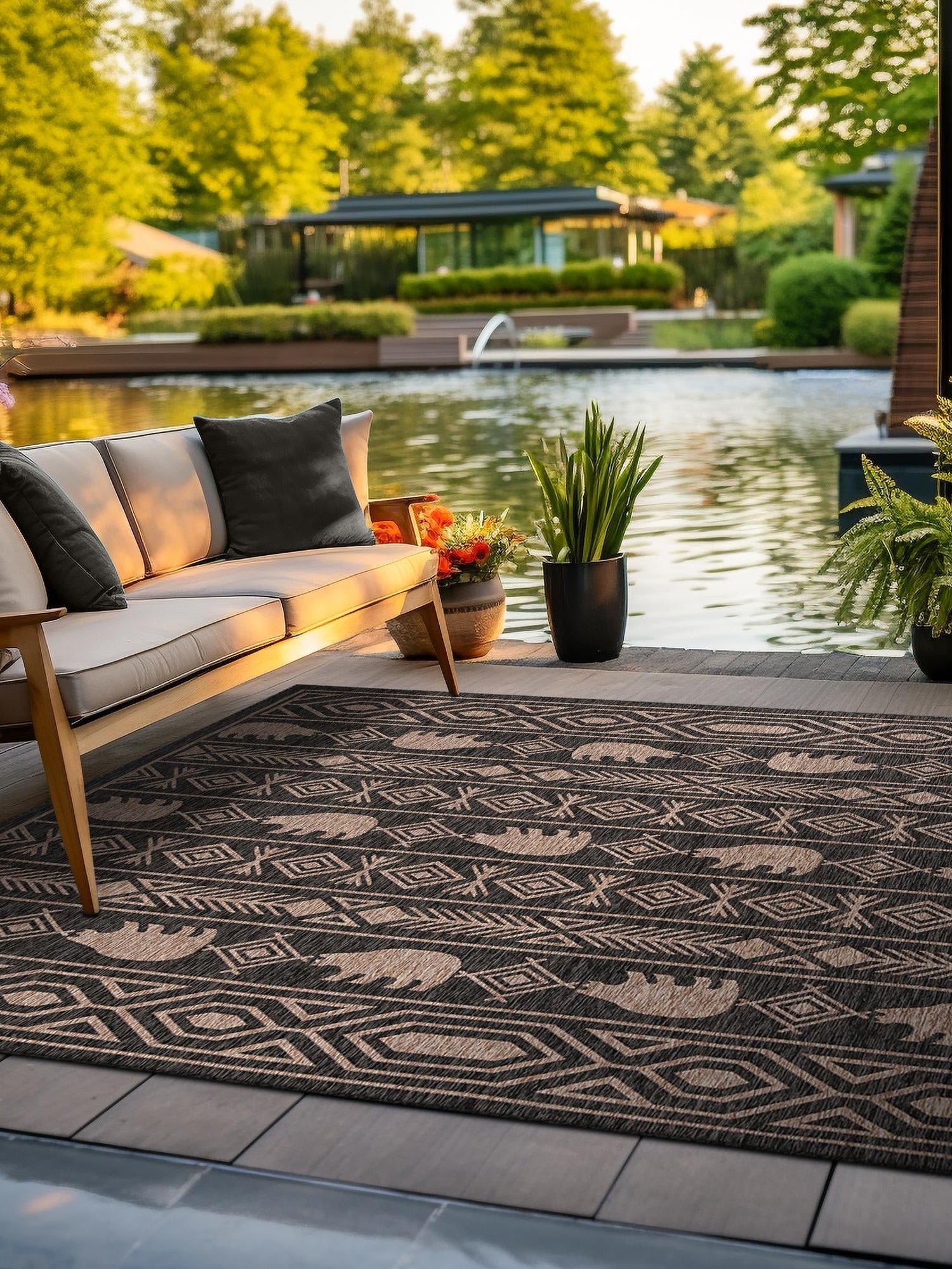Black 10' x 10' Outdoor Southwestern Square Area Rug Weather Resistant for Patio, Deck, Terrace, Balcony, Porch 100% Polypropylene Rustic Waterproof Carpet for Sale at Rug Engine