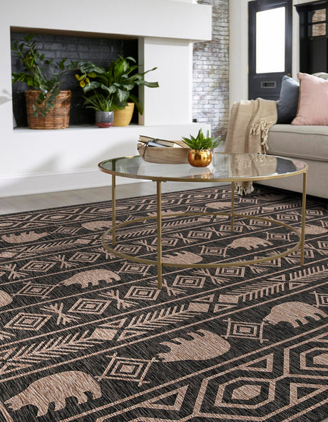 Black 12' x 12' Outdoor Southwestern Square Area Rug Weather Resistant for Patio, Deck, Terrace, Balcony, Porch 100% Polypropylene Rustic Waterproof Carpet for Sale at Rug Engine