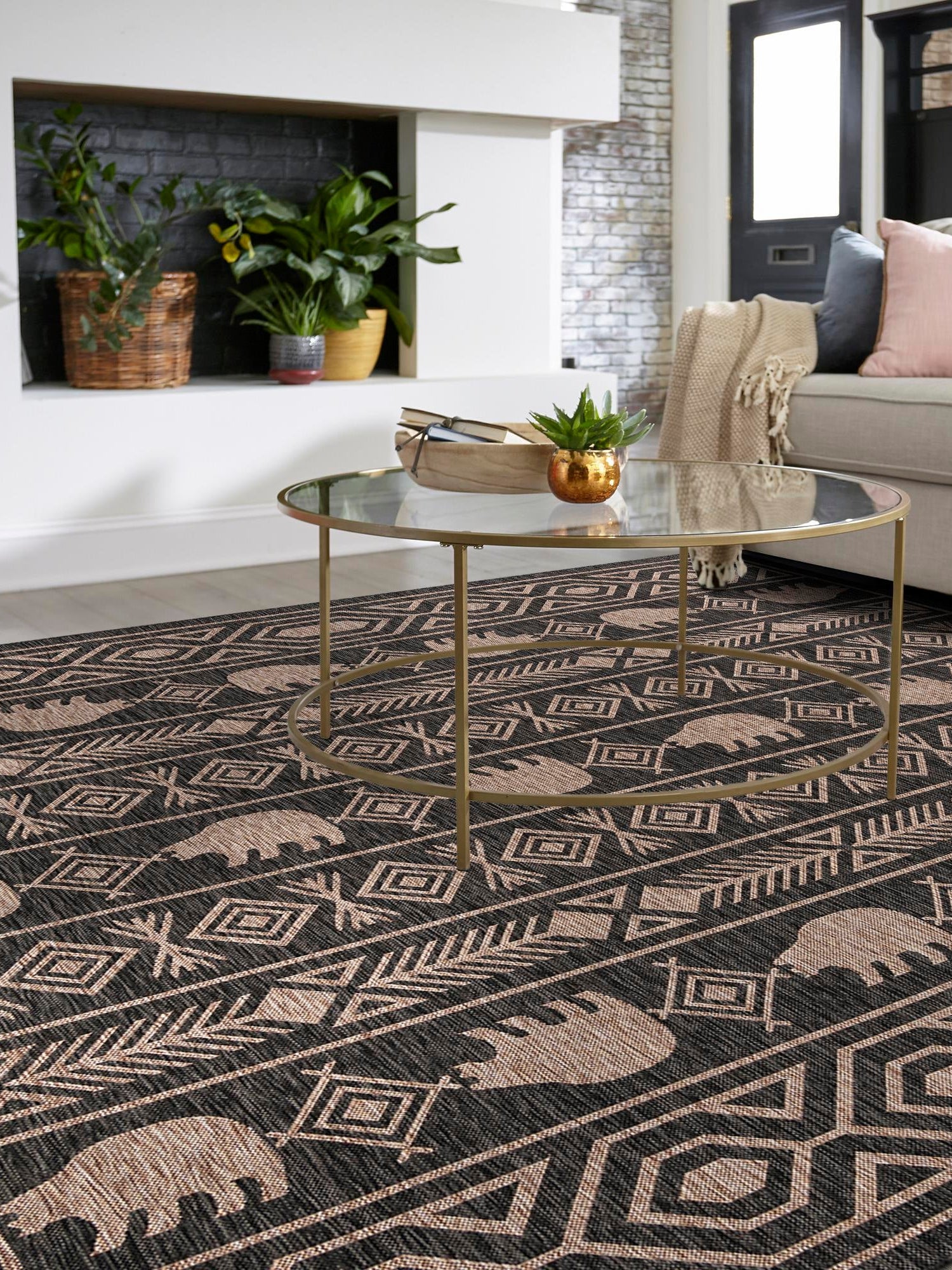 Black 7' 10 x 7' 10 Outdoor Southwestern Square Area Rug Weather Resistant for Patio, Deck, Terrace, Balcony, Porch 100% Polypropylene Rustic Waterproof Carpet for Sale at Rug Engine