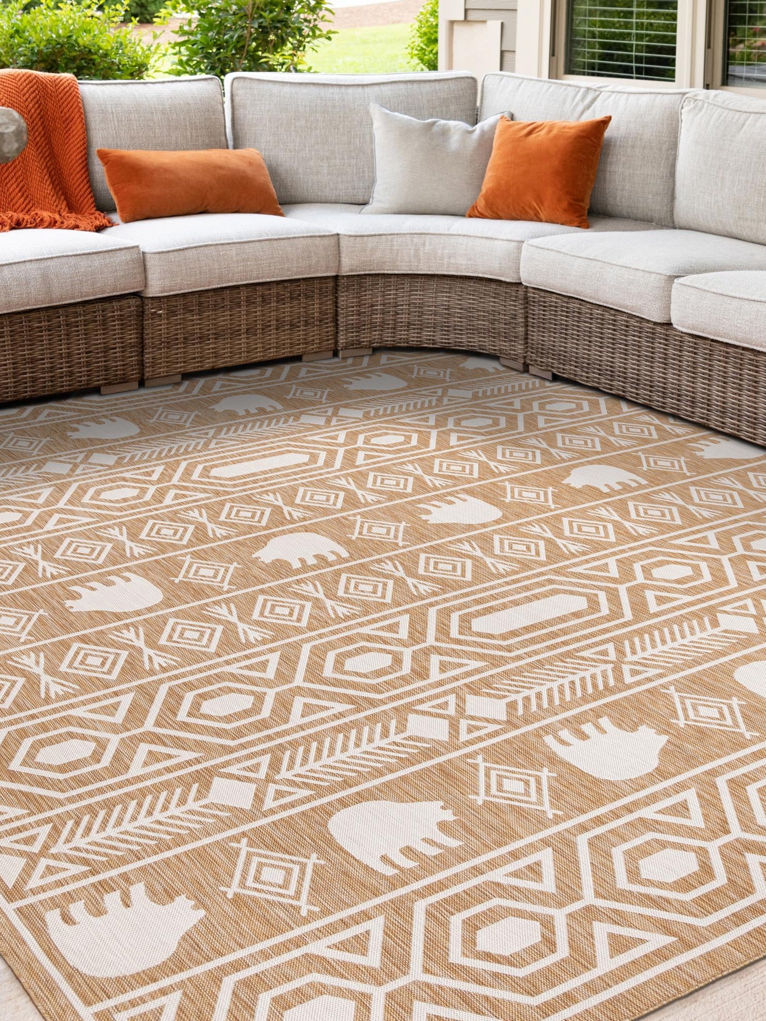 Taupe 10' x 10' Outdoor Southwestern Square Area Rug Weather Resistant for Patio, Deck, Terrace, Balcony, Porch 100% Polypropylene Rustic Waterproof Carpet for Sale at Rug Engine