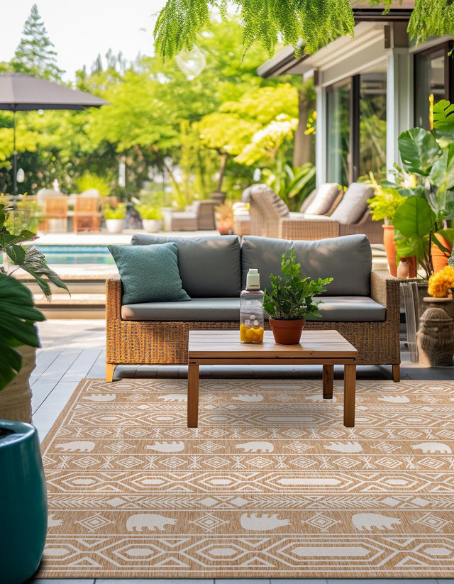 Taupe 7' 10 x 7' 10 Outdoor Southwestern Square Area Rug Weather Resistant for Patio, Deck, Terrace, Balcony, Porch 100% Polypropylene Rustic Waterproof Carpet for Sale at Rug Engine