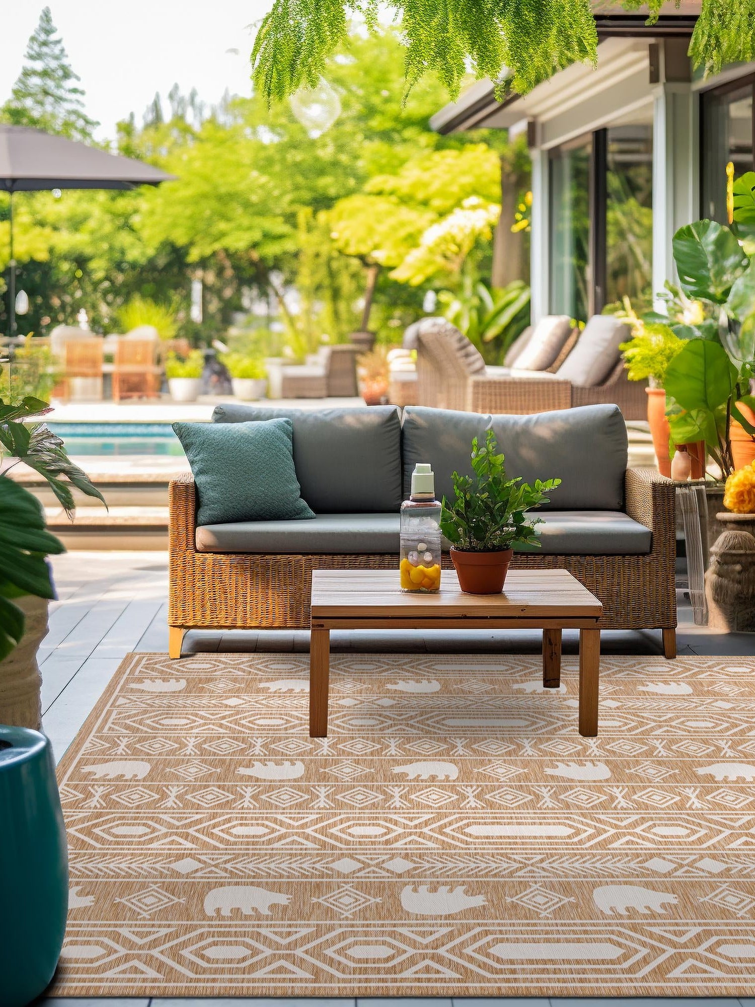 Taupe 10' x 10' Outdoor Southwestern Square Area Rug Weather Resistant for Patio, Deck, Terrace, Balcony, Porch 100% Polypropylene Rustic Waterproof Carpet for Sale at Rug Engine