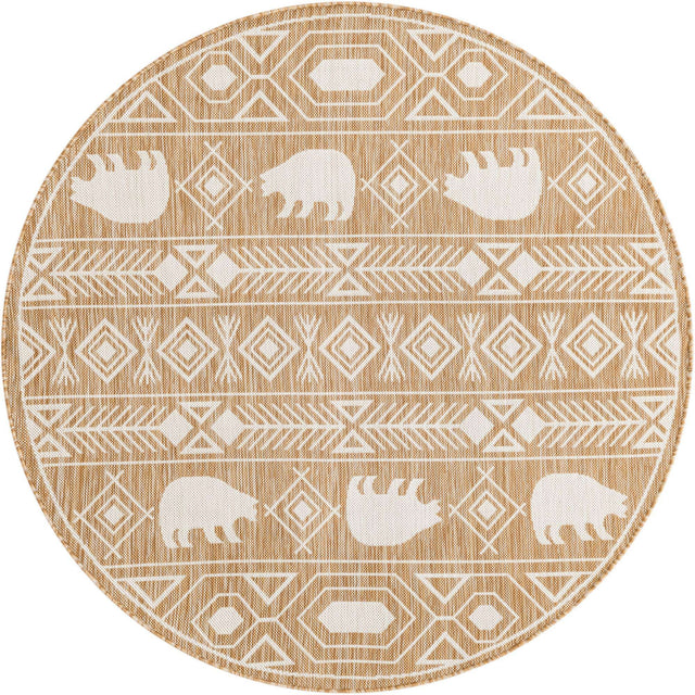 Taupe 5' 3 x 5' 3 Outdoor Southwestern Round Area Rug Weather Resistant for Patio, Deck, Terrace, Balcony, Porch 100% Polypropylene Rustic Waterproof Carpet for Sale at Rug Engine