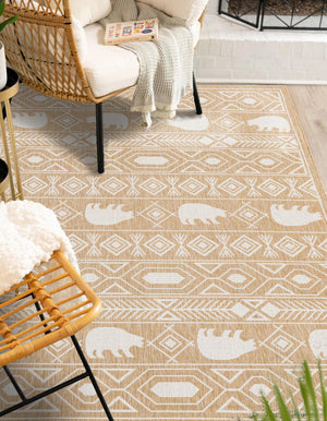 Taupe 7' 10 x 10' Outdoor Southwestern Rectangle Area Rug Weather Resistant for Patio, Deck, Terrace, Balcony, Porch 100% Polypropylene Rustic Waterproof Carpet for Sale at Rug Engine