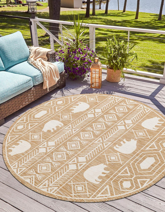 Taupe 10' x 10' Outdoor Southwestern Round Area Rug Weather Resistant for Patio, Deck, Terrace, Balcony, Porch 100% Polypropylene Rustic Waterproof Carpet for Sale at Rug Engine