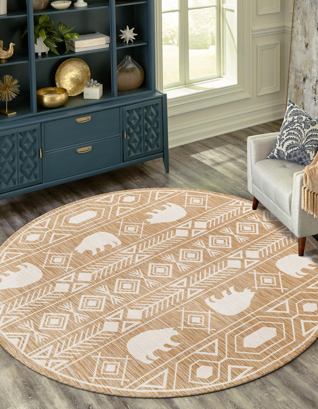 Taupe 3' 1 x 3' 1 Outdoor Southwestern Round Area Rug Weather Resistant for Patio, Deck, Terrace, Balcony, Porch 100% Polypropylene Rustic Waterproof Carpet for Sale at Rug Engine