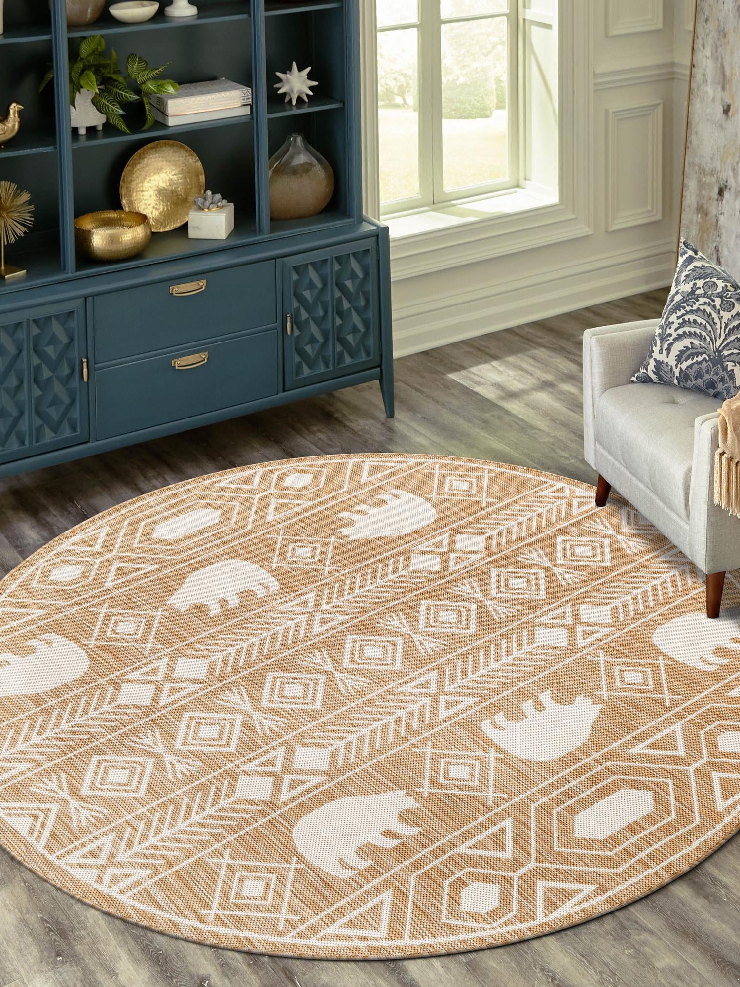 Taupe 5' 3 x 5' 3 Outdoor Southwestern Round Area Rug Weather Resistant for Patio, Deck, Terrace, Balcony, Porch 100% Polypropylene Rustic Waterproof Carpet for Sale at Rug Engine