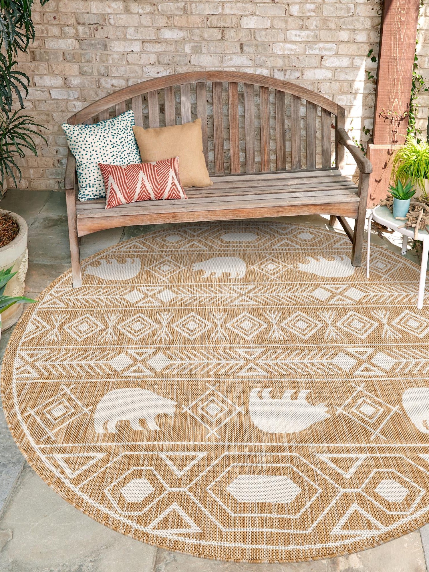 Taupe 10' x 10' Outdoor Southwestern Round Area Rug Weather Resistant for Patio, Deck, Terrace, Balcony, Porch 100% Polypropylene Rustic Waterproof Carpet for Sale at Rug Engine