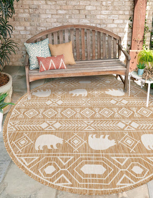 Taupe 10' x 10' Outdoor Southwestern Round Area Rug Weather Resistant for Patio, Deck, Terrace, Balcony, Porch 100% Polypropylene Rustic Waterproof Carpet for Sale at Rug Engine