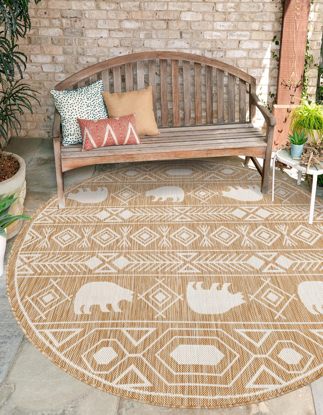 Taupe 7' 10 x 7' 10 Outdoor Southwestern Round Area Rug Weather Resistant for Patio, Deck, Terrace, Balcony, Porch 100% Polypropylene Rustic Waterproof Carpet for Sale at Rug Engine