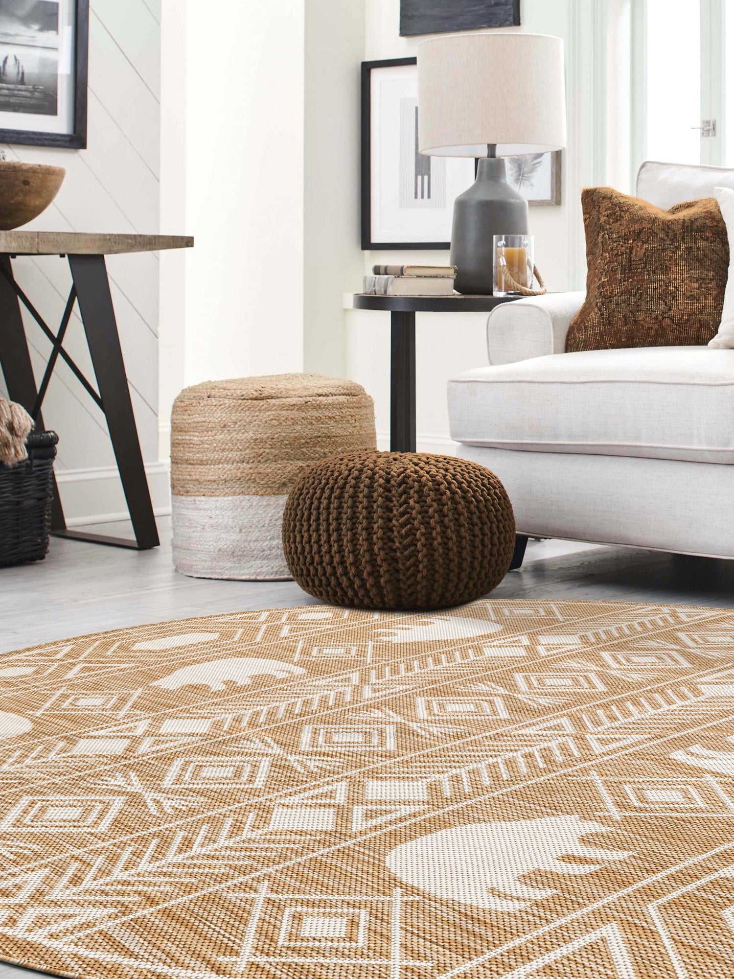 Taupe 10' x 10' Outdoor Southwestern Round Area Rug Weather Resistant for Patio, Deck, Terrace, Balcony, Porch 100% Polypropylene Rustic Waterproof Carpet for Sale at Rug Engine