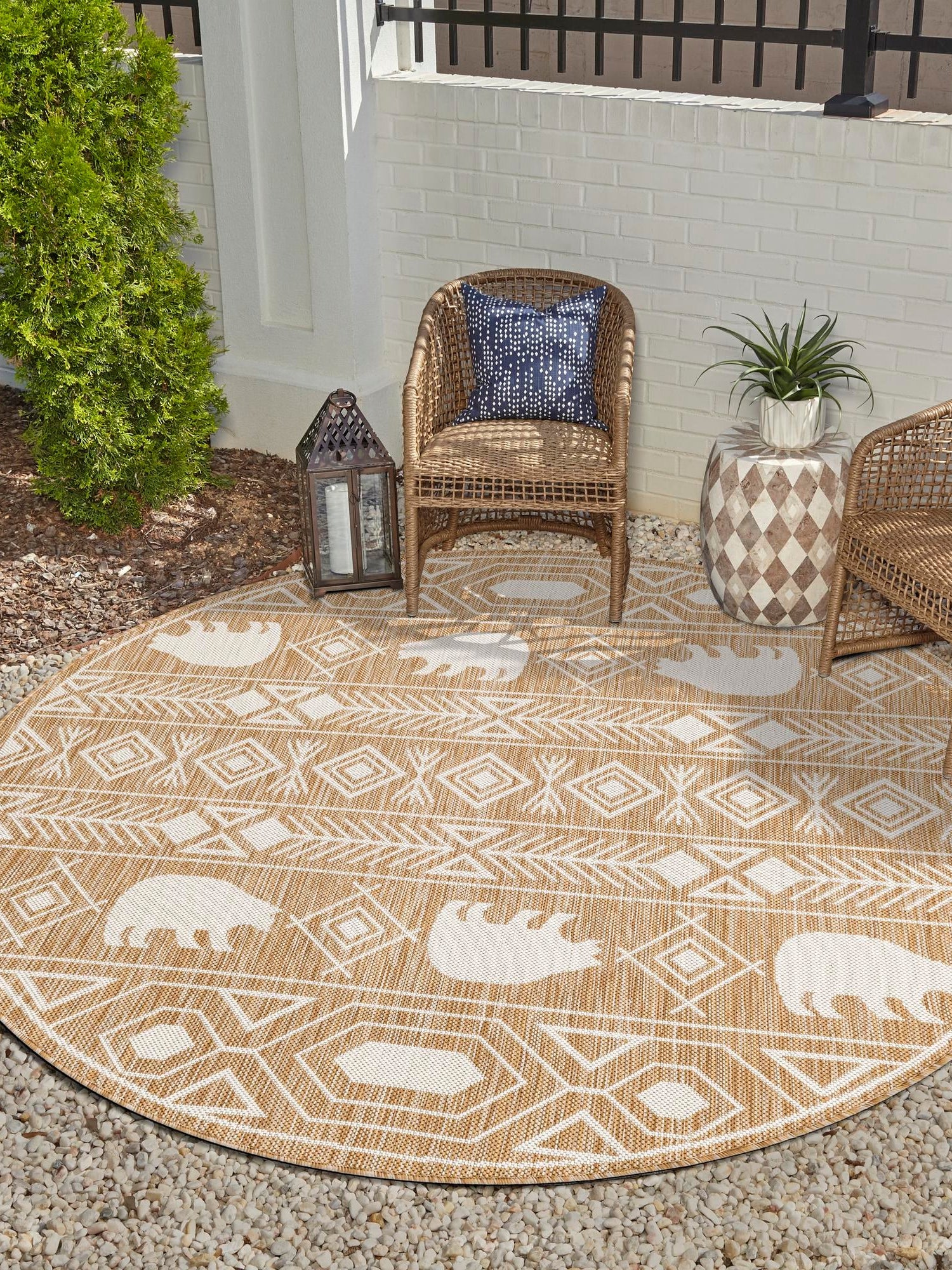 Taupe 7' 10 x 7' 10 Outdoor Southwestern Round Area Rug Weather Resistant for Patio, Deck, Terrace, Balcony, Porch 100% Polypropylene Rustic Waterproof Carpet for Sale at Rug Engine
