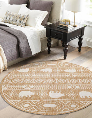 Taupe 5' 3 x 5' 3 Outdoor Southwestern Round Area Rug Weather Resistant for Patio, Deck, Terrace, Balcony, Porch 100% Polypropylene Rustic Waterproof Carpet for Sale at Rug Engine