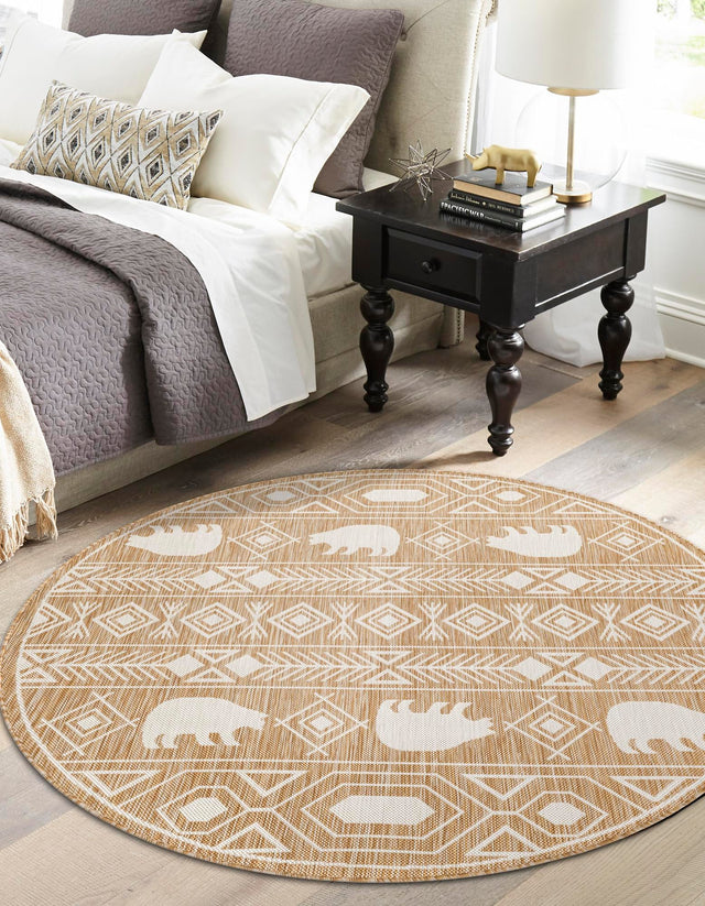 Taupe 12' x 12' Outdoor Southwestern Round Area Rug Weather Resistant for Patio, Deck, Terrace, Balcony, Porch 100% Polypropylene Rustic Waterproof Carpet for Sale at Rug Engine
