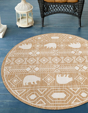 Taupe 3' 1 x 3' 1 Outdoor Southwestern Round Area Rug Weather Resistant for Patio, Deck, Terrace, Balcony, Porch 100% Polypropylene Rustic Waterproof Carpet for Sale at Rug Engine