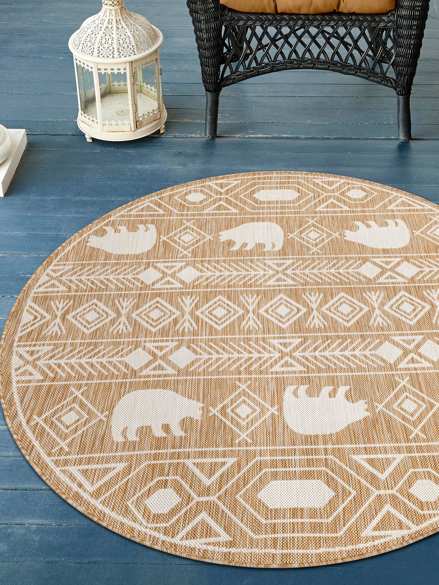 Taupe 10' x 10' Outdoor Southwestern Round Area Rug Weather Resistant for Patio, Deck, Terrace, Balcony, Porch 100% Polypropylene Rustic Waterproof Carpet for Sale at Rug Engine