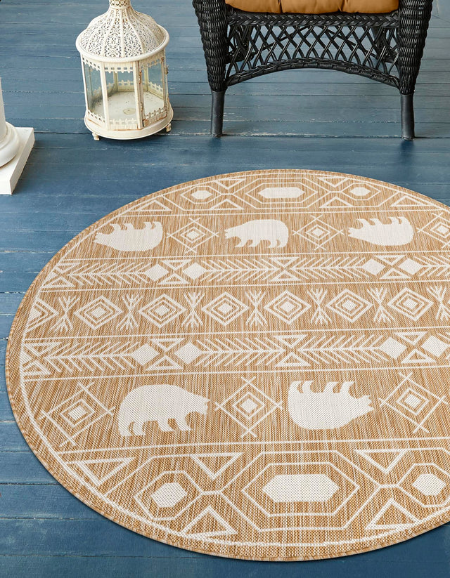 Taupe 12' x 12' Outdoor Southwestern Round Area Rug Weather Resistant for Patio, Deck, Terrace, Balcony, Porch 100% Polypropylene Rustic Waterproof Carpet for Sale at Rug Engine