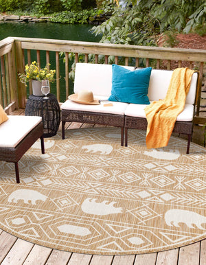Taupe 3' 1 x 3' 1 Outdoor Southwestern Round Area Rug Weather Resistant for Patio, Deck, Terrace, Balcony, Porch 100% Polypropylene Rustic Waterproof Carpet for Sale at Rug Engine
