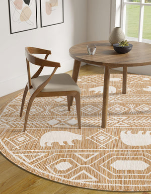 Taupe 3' 1 x 3' 1 Outdoor Southwestern Round Area Rug Weather Resistant for Patio, Deck, Terrace, Balcony, Porch 100% Polypropylene Rustic Waterproof Carpet for Sale at Rug Engine