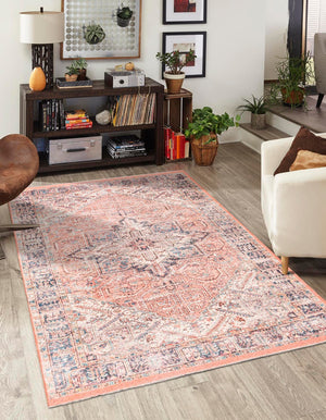 Salmon Pink 7' 10 x 10' Boutique Rectangle Area Rug Chenille Polyester Cotton Traditional Oriental Inspired Classical Carpet for Living Rooms Dining Office Space Interior Design for Sale at Rug Engine