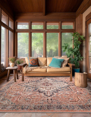 Salmon Pink 7' 10 x 7' 10 Boutique Square Area Rug Chenille Polyester Cotton Traditional Oriental Inspired Classical Carpet for Living Rooms Dining Office Space Interior Design for Sale at Rug Engine