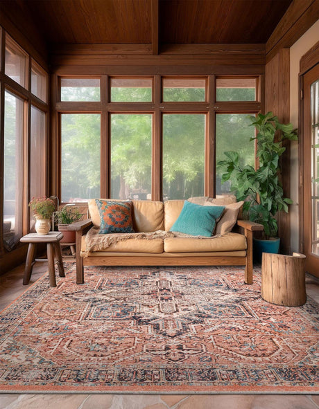 Salmon Pink 7' 10 x 7' 10 Boutique Square Area Rug Chenille Polyester Cotton Traditional Oriental Inspired Classical Carpet for Living Rooms Dining Office Space Interior Design for Sale at Rug Engine
