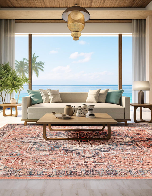 Salmon Pink 7' 10 x 7' 10 Boutique Square Area Rug Chenille Polyester Cotton Traditional Oriental Inspired Classical Carpet for Living Rooms Dining Office Space Interior Design for Sale at Rug Engine