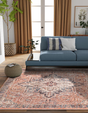 Salmon Pink 7' 10 x 7' 10 Boutique Square Area Rug Chenille Polyester Cotton Traditional Oriental Inspired Classical Carpet for Living Rooms Dining Office Space Interior Design for Sale at Rug Engine