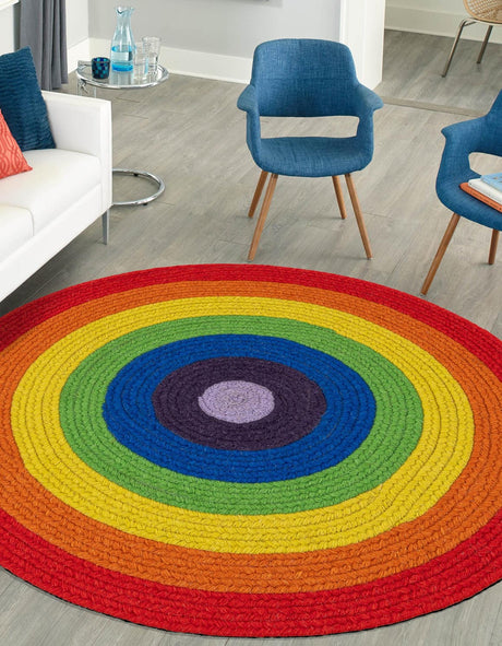 Multicolor 5' 1 x 5' 1 Hand Braided Rainbow Wool Round Rug
