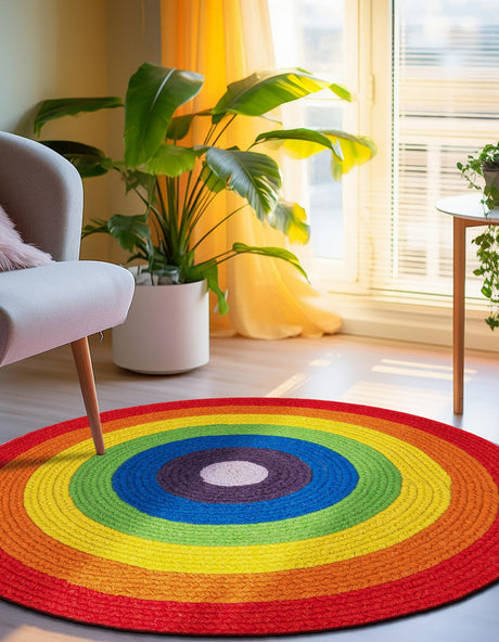 Multicolor 4' 1 x 4' 1 Hand Braided Rainbow Wool Round Area Rug 100% Natural Wool Colorful Vivid Handmade Carpet for Modern Interior Design for Sale at Rug Engine