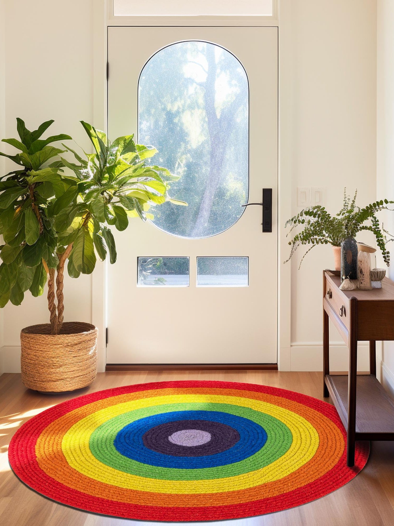 Multicolor 4' 1 x 4' 1 Hand Braided Rainbow Wool Round Area Rug 100% Natural Wool Colorful Vivid Handmade Carpet for Modern Interior Design for Sale at Rug Engine