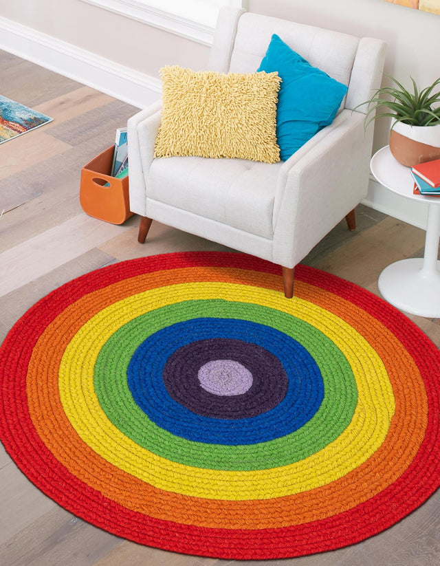 Multicolor 5' 1 x 5' 1 Hand Braided Rainbow Wool Round Rug