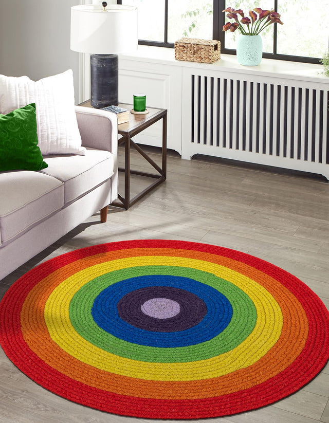 Multicolor 5' 1 x 5' 1 Hand Braided Rainbow Wool Round Rug