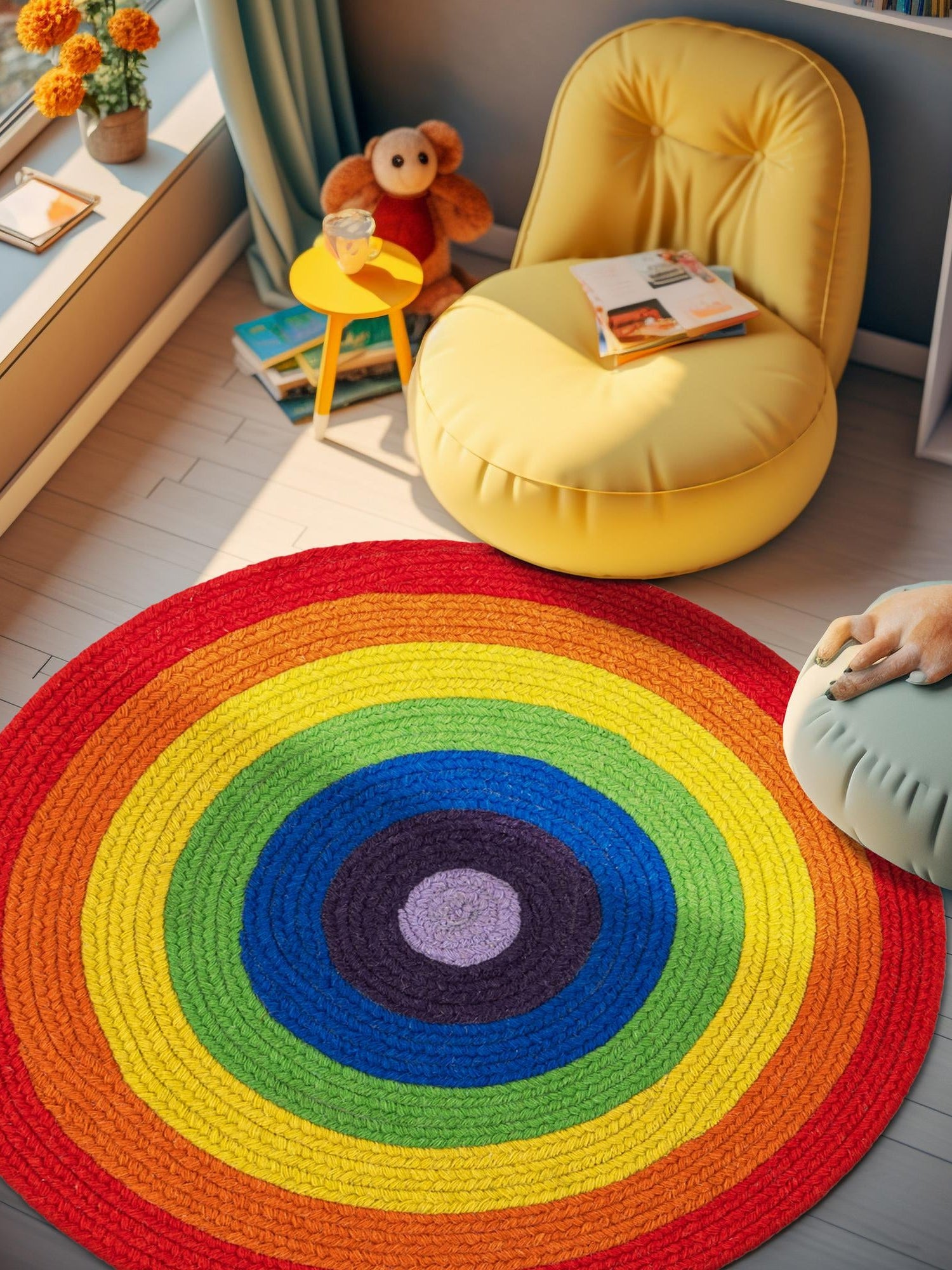 Multicolor 2' x 2' Hand Braided Rainbow Wool Round Area Rug 100% Natural Wool Colorful Vivid Handmade Carpet for Modern Interior Design for Sale at Rug Engine