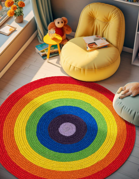 Multicolor 4' 1 x 4' 1 Hand Braided Rainbow Wool Round Area Rug 100% Natural Wool Colorful Vivid Handmade Carpet for Modern Interior Design for Sale at Rug Engine