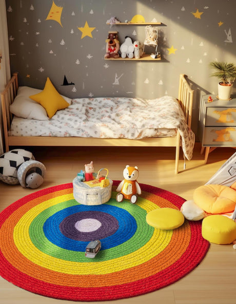Multicolor 5' 1 x 5' 1 Hand Braided Rainbow Wool Round Area Rug 100% Natural Wool Colorful Vivid Handmade Carpet for Modern Interior Design for Sale at Rug Engine