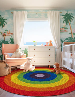 Multicolor 5' 1 x 5' 1 Hand Braided Rainbow Wool Round Rug