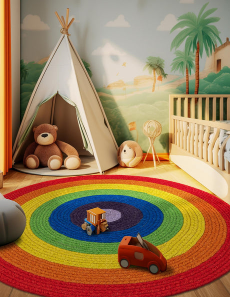 Multicolor 5' 1 x 5' 1 Hand Braided Rainbow Wool Round Area Rug 100% Natural Wool Colorful Vivid Handmade Carpet for Modern Interior Design for Sale at Rug Engine