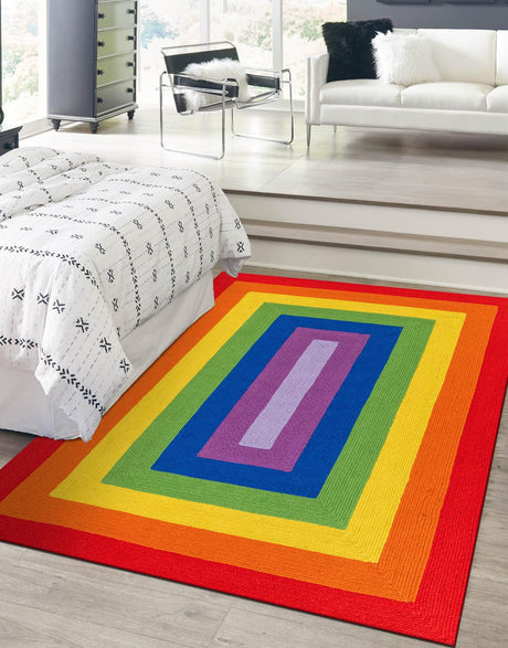 Multicolor 6' 1 x 9' Hand Braided Rainbow Wool Rectangle Rug