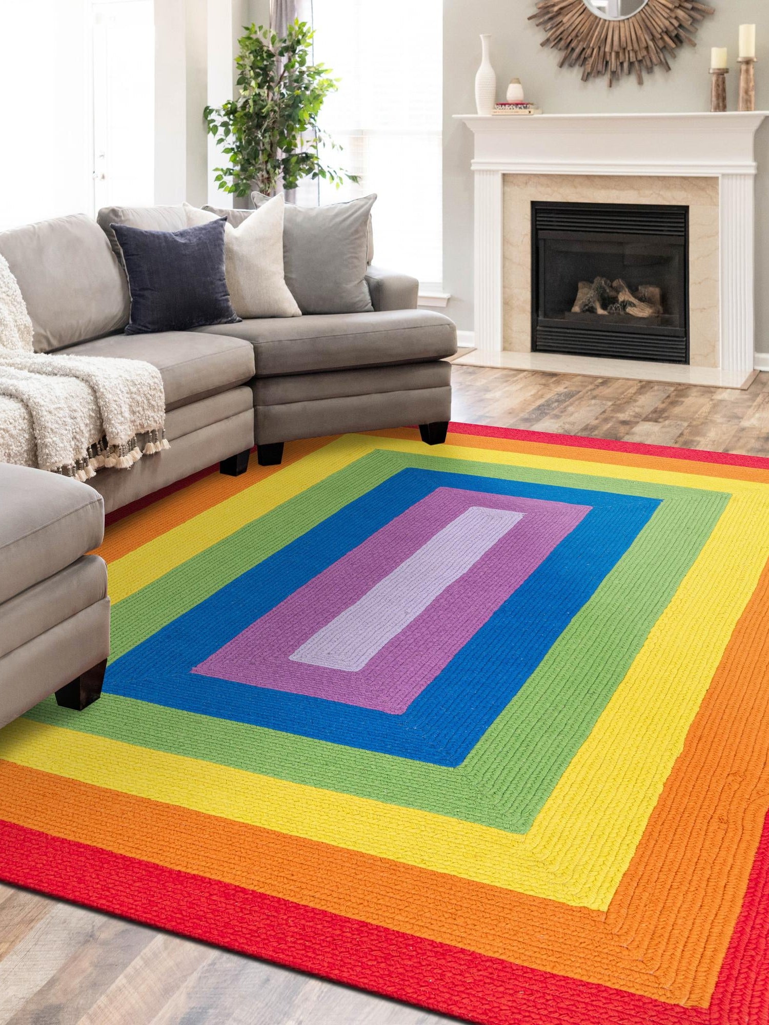 Multicolor 7' 10 x 10' Hand Braided Rainbow Wool Rectangle Area Rug 100% Natural Wool Colorful Vivid Handmade Carpet for Modern Interior Design for Sale at Rug Engine