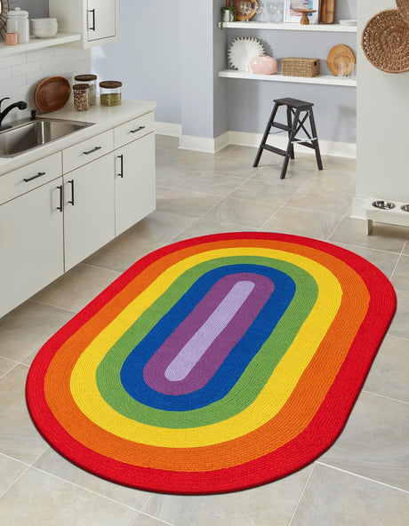 Multicolor 2' x 3' 1 Hand Braided Rainbow Wool Oval Rug