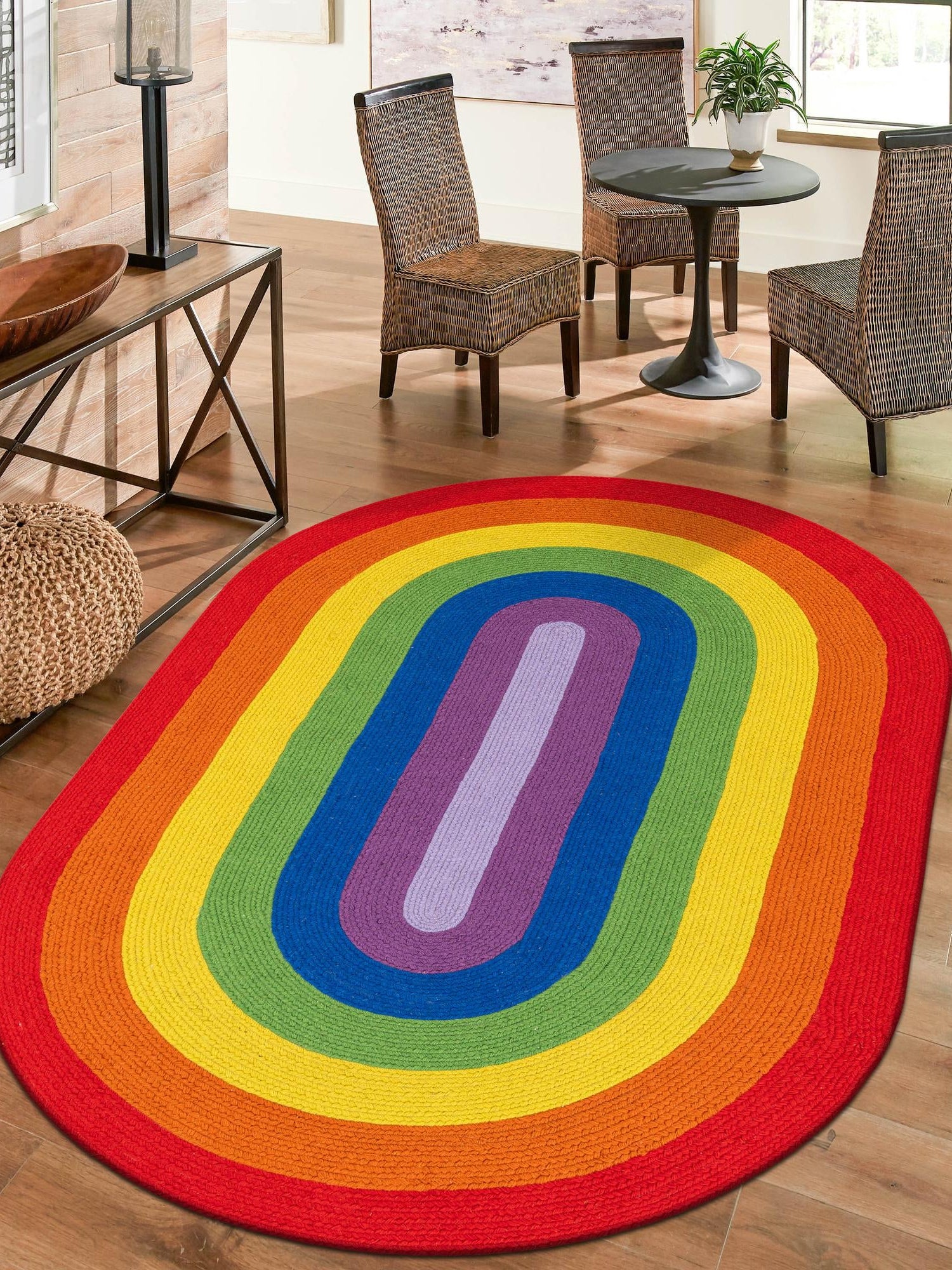 Multicolor 3' 1 x 5' 1 Hand Braided Rainbow Wool Oval Area Rug 100% Natural Wool Colorful Vivid Handmade Carpet for Modern Interior Design for Sale at Rug Engine