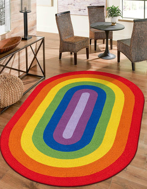 Multicolor 5' 1 x 8' Hand Braided Rainbow Wool Oval Rug