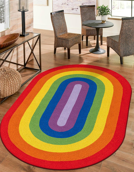 Multicolor 5' 1 x 8' Hand Braided Rainbow Wool Oval Rug