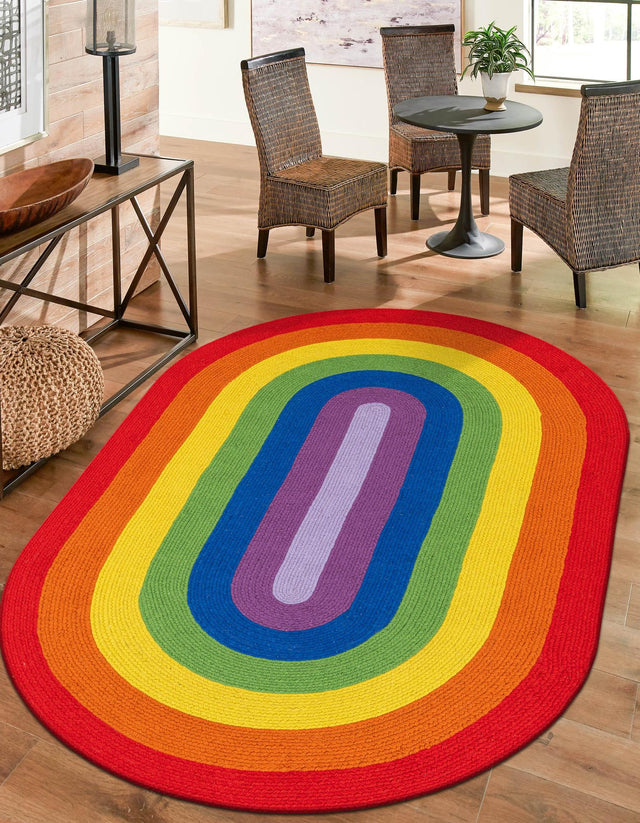 Multicolor 5' 1 x 8' Hand Braided Rainbow Wool Oval Rug