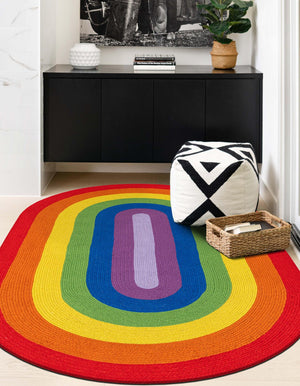 Multicolor 5' 1 x 8' Hand Braided Rainbow Wool Oval Rug